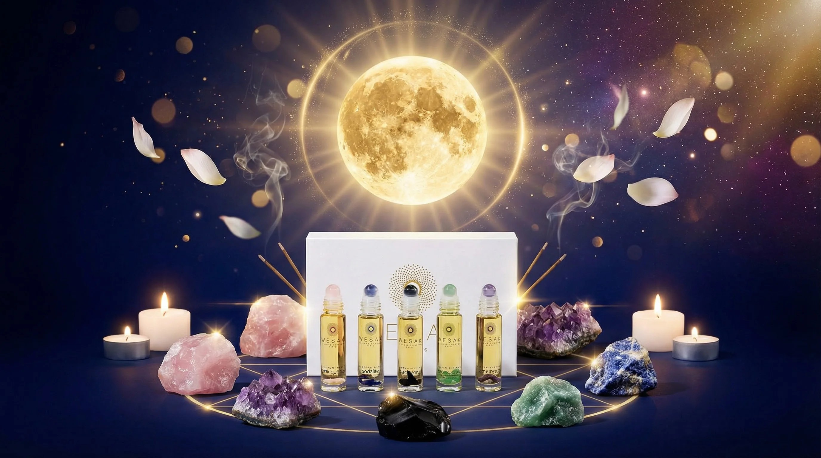 Concept Wesak : pleine lune dorée, coffret découverte élixirs lunaires, cercle de cristaux en géométrie sacrée - philosophie spirituelle