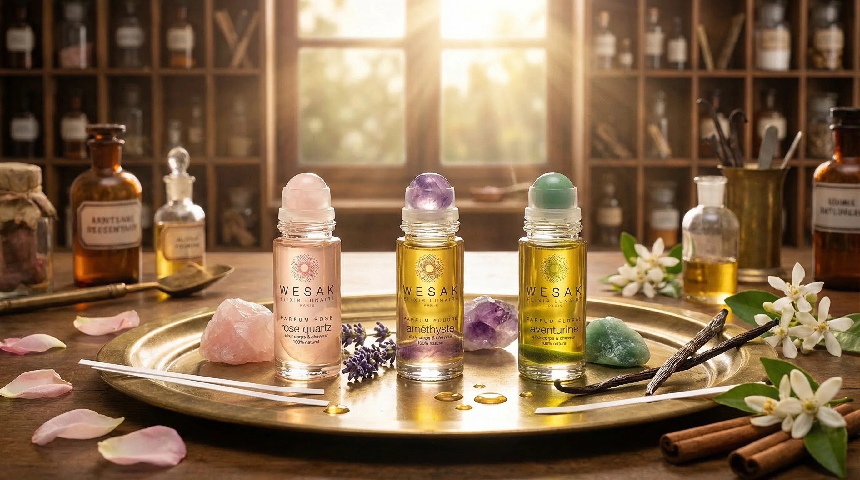 Atelier de création de parfum naturel avec huiles végétales bio, flacons vintage et fleurs séchées - parfumerie artisanale