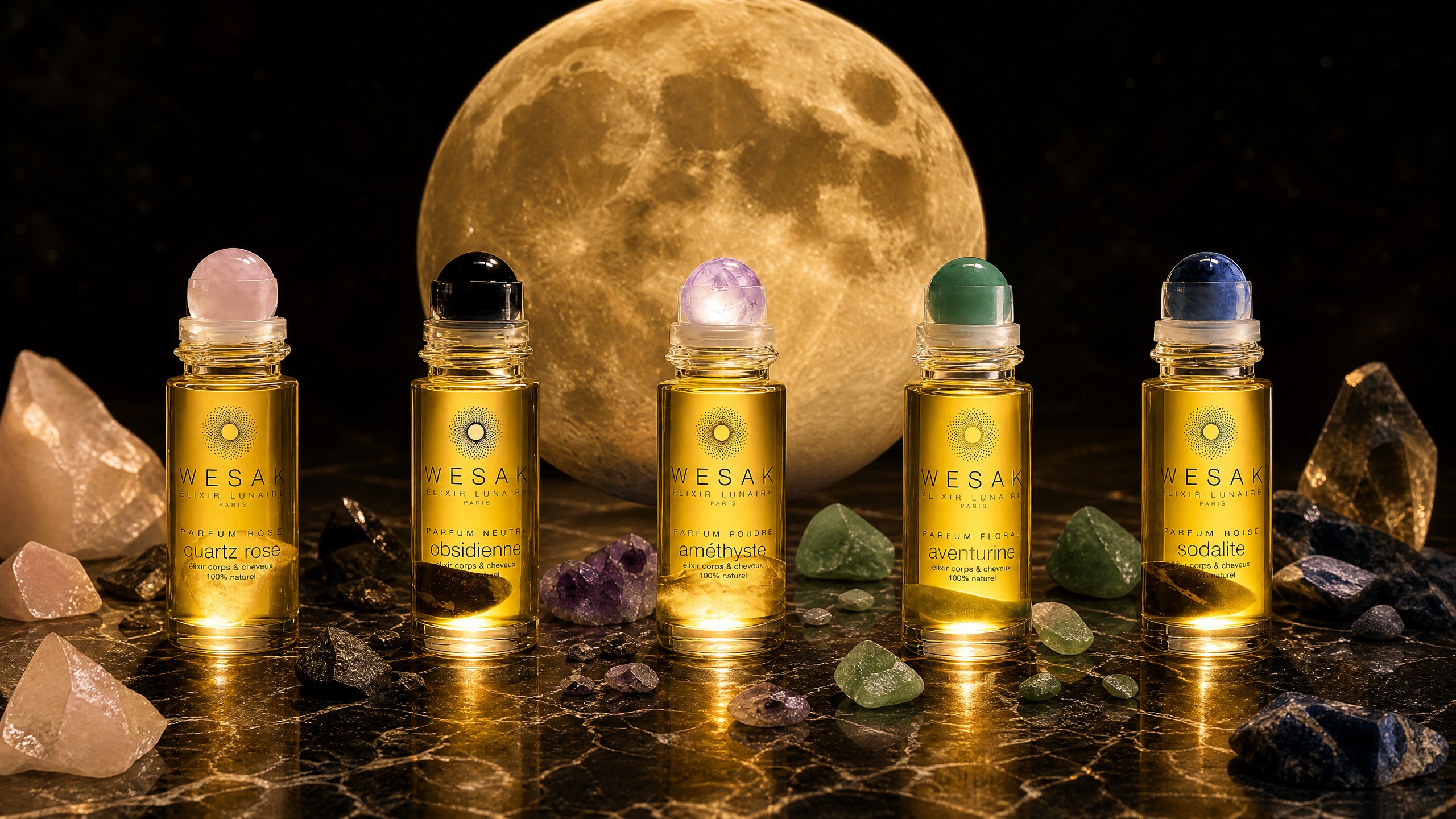 Les 5 élixirs lunaires Wesak Paris quartz rose obsidienne améthyste aventurine sodalite en arc sur marbre noir avec pleine lune et cristaux bruts - innovation lithocosmétique