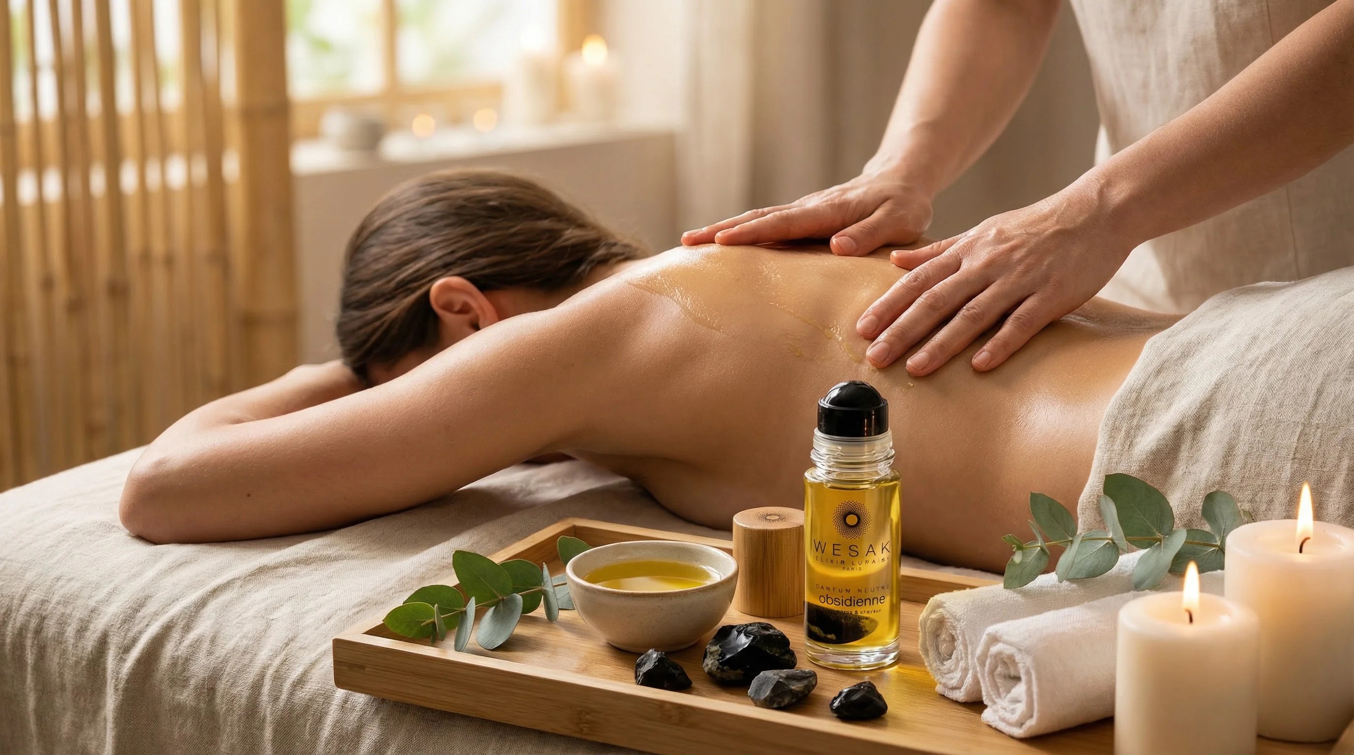 Fasciathérapie avec élixir obsidienne Wesak Paris : massage thérapeutique du dos, pierres noires et ambiance spa relaxante