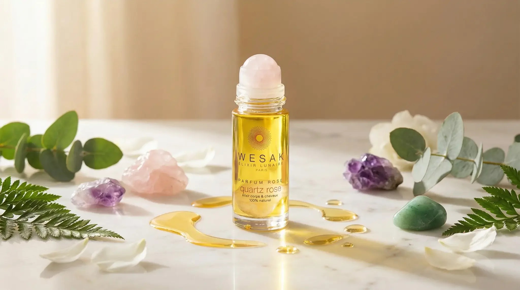 Huiles végétales bio pour massage disposées sur fond bois avec fleurs séchées et cristaux - aromathérapie et lithothérapie