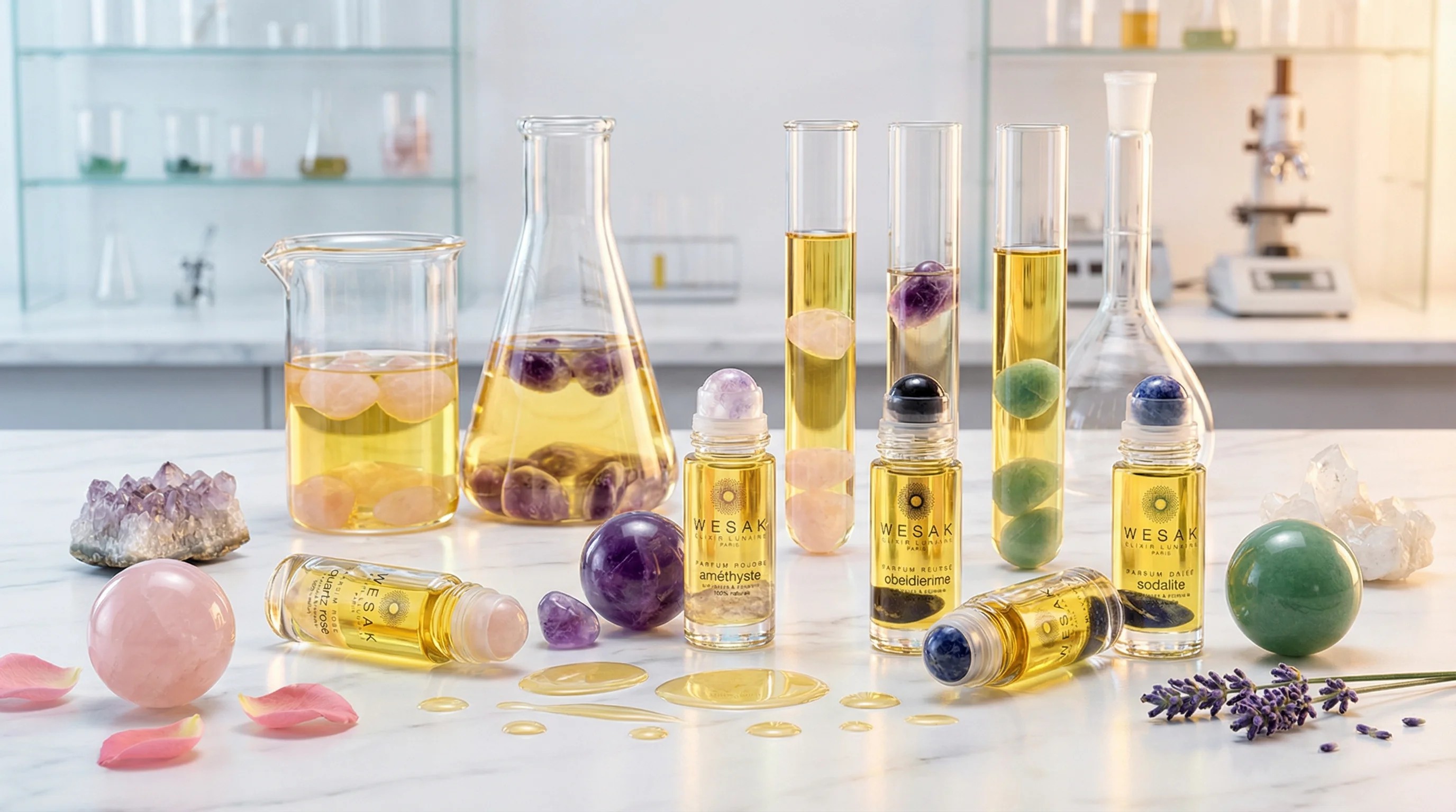 Laboratoire lithocosmétique avec cristaux améthyste, quartz rose, microscope et élixir Wesak Paris - cosmétique aux gemmes
