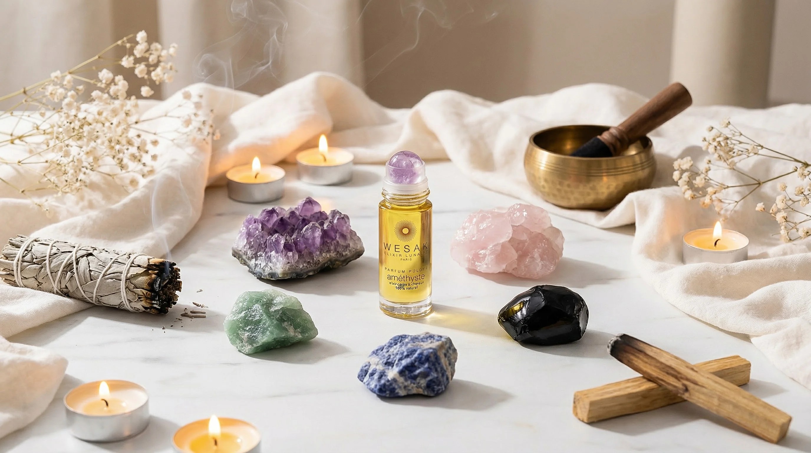 Méditation zen avec cristaux de lithothérapie, bougie et élixir Wesak Paris - bien-être holistique et harmonie symbolique