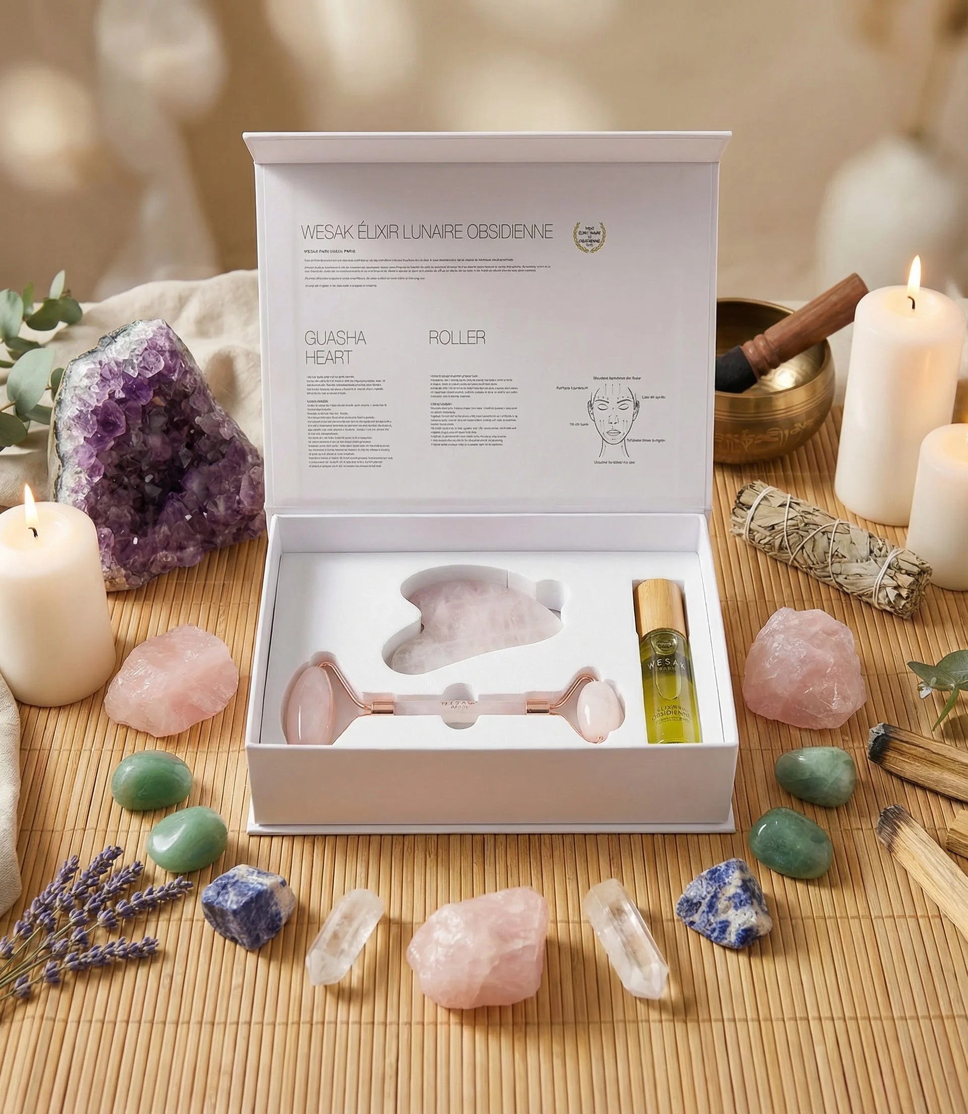 Lithothérapie soins holistiques : coffret rituel beauté Wesak Paris, cristaux, bol chantant, sauge et bougies zen