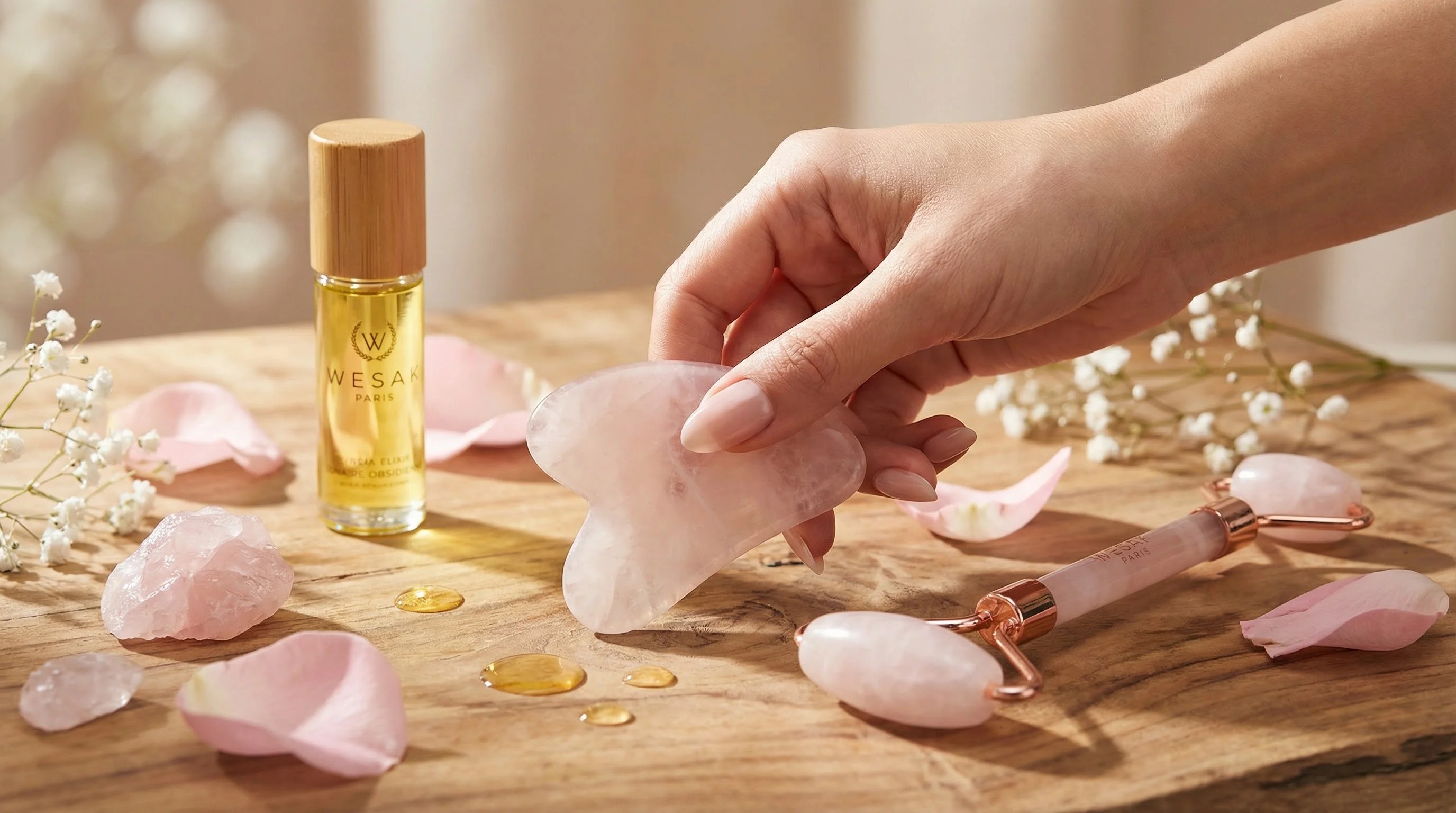 Massage du visage anti-âge avec gua sha quartz rose et élixir Wesak Paris sur bois naturel - technique de beauté holistique