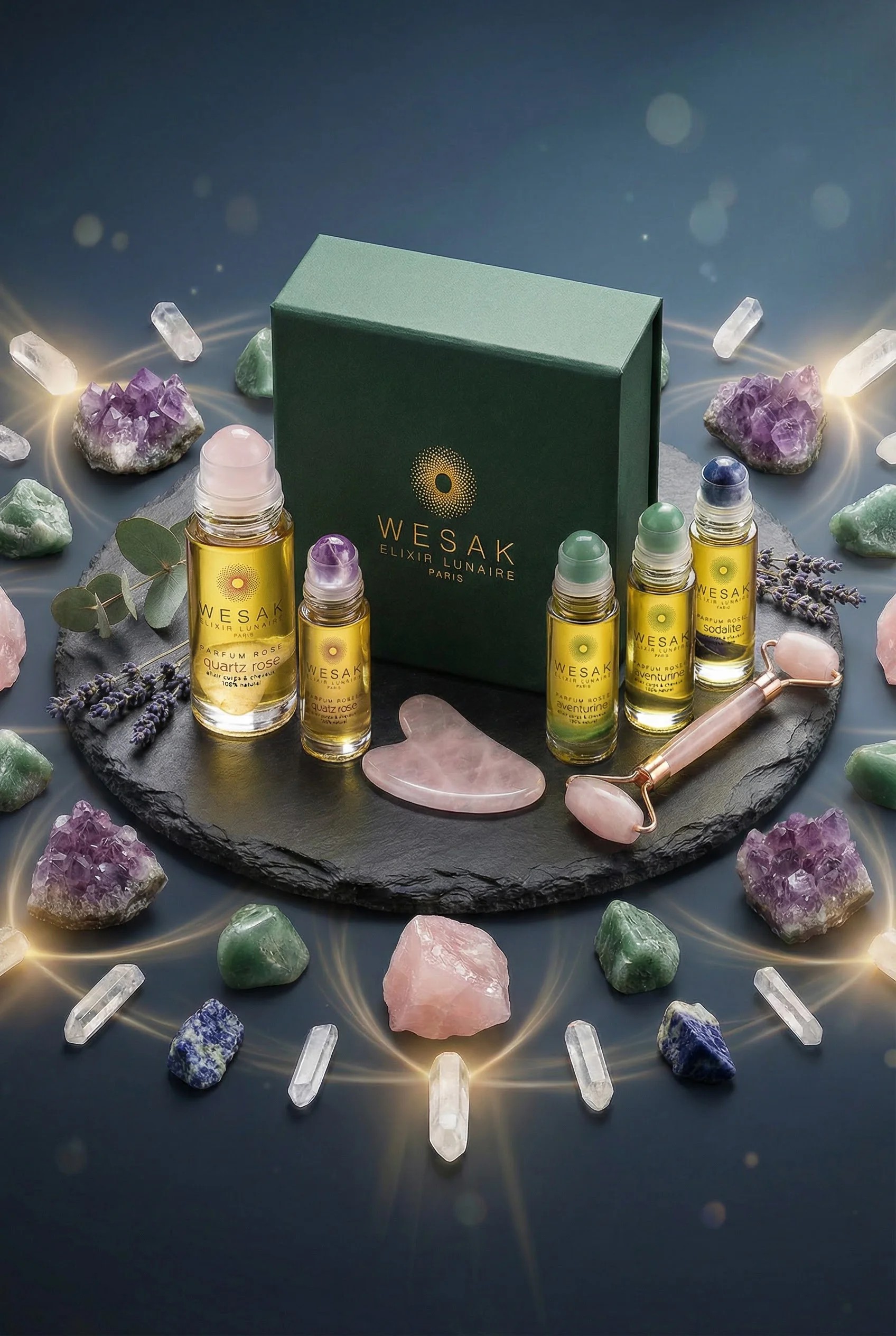 Produits Wesak Paris à symbolique des pierres : coffret élixirs, cristaux en mandala, rayons d'énergie dorés - bien-être sensoriel