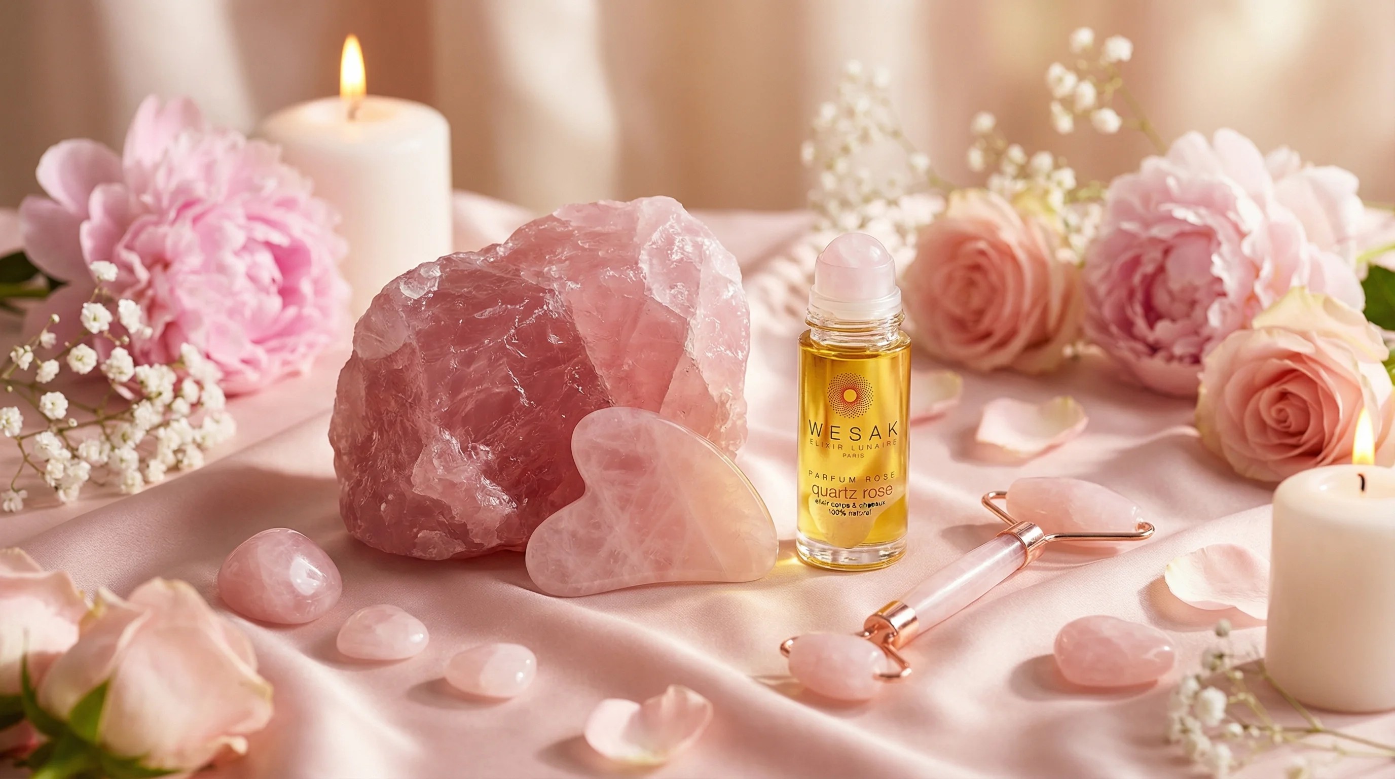 Quartz rose géode, élixir Wesak Paris, gua sha cœur, pivoines roses et bougies - pierre de paix et d'amour