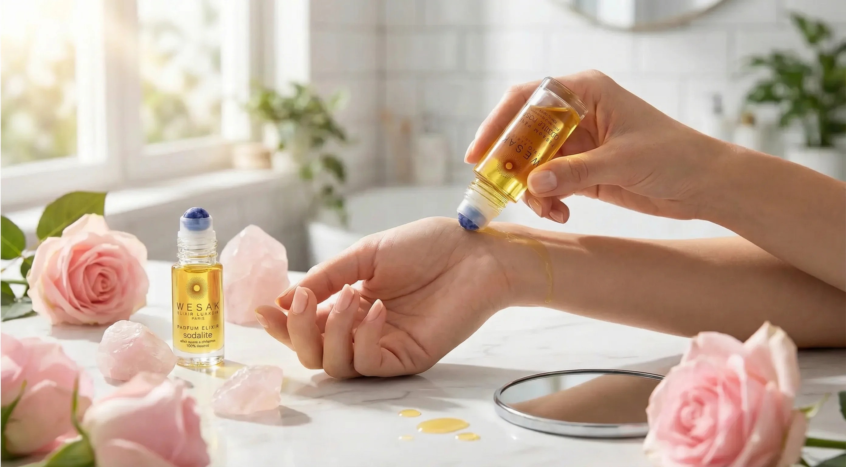 Application de roll-on pierre semi-précieuse quartz rose avec élixir sodalite Wesak Paris, roses et miroir - rituel sensoriel