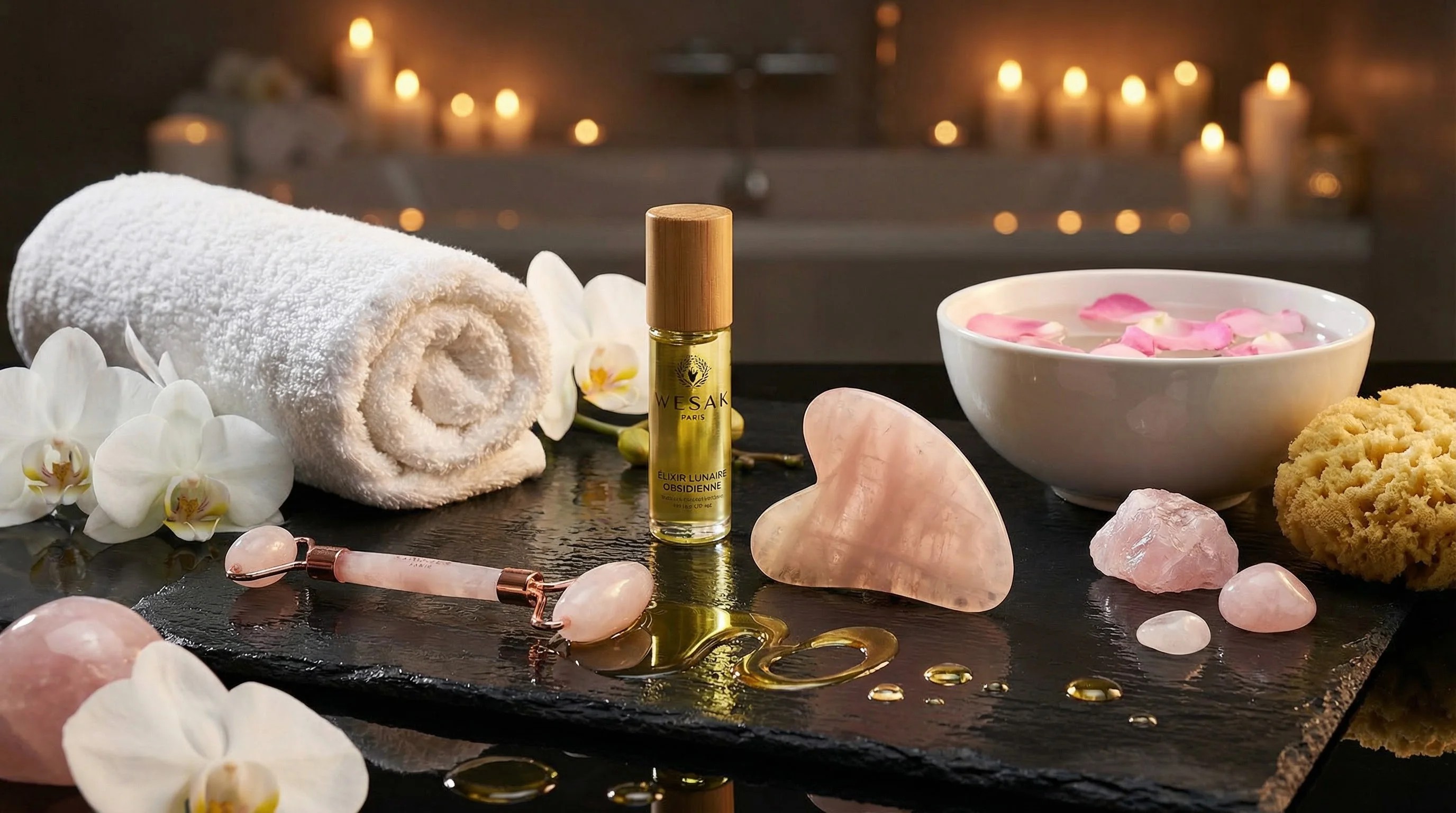 Rituel beauté gua sha quartz rose avec élixir Wesak Paris, cristaux et roses sur ardoise - secret d'une belle peau